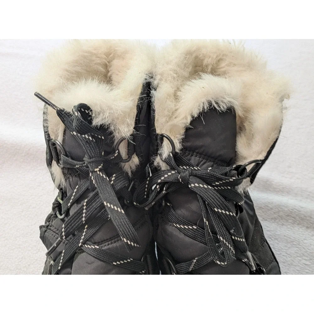 Sorel Winter Whitney Boot Fur 11 Black Nylon Quilted Lace Up Bootie Waterproof